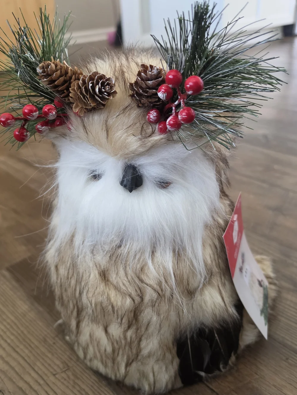 Holiday Time Brown & White Festive Owl with Pinecone and Red Berry Accents